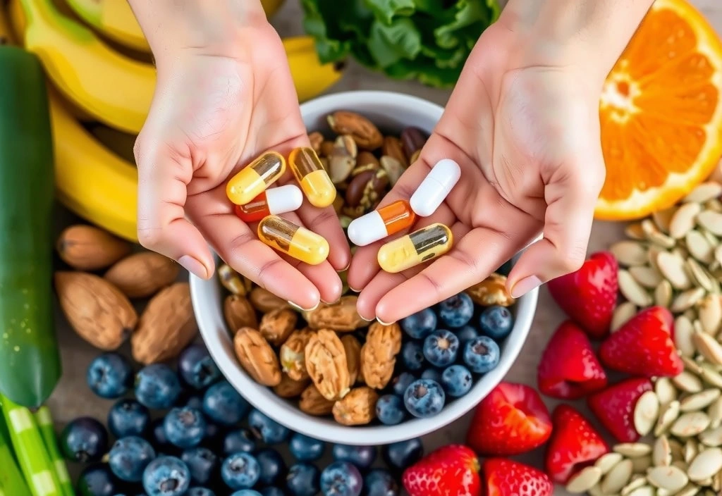 Mains tenant des gélules de compléments alimentaires au-dessus d'un bol de superaliments variés comme des baies et des graines.