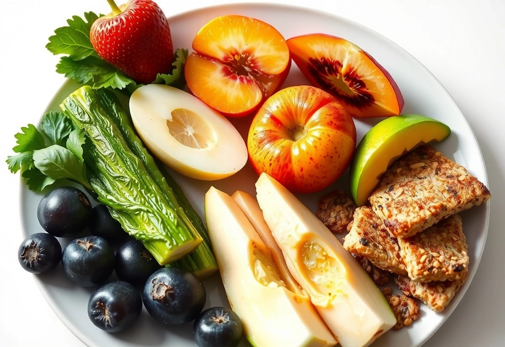 Assiette équilibrée avec des légumes frais, des protéines et des céréales complètes.