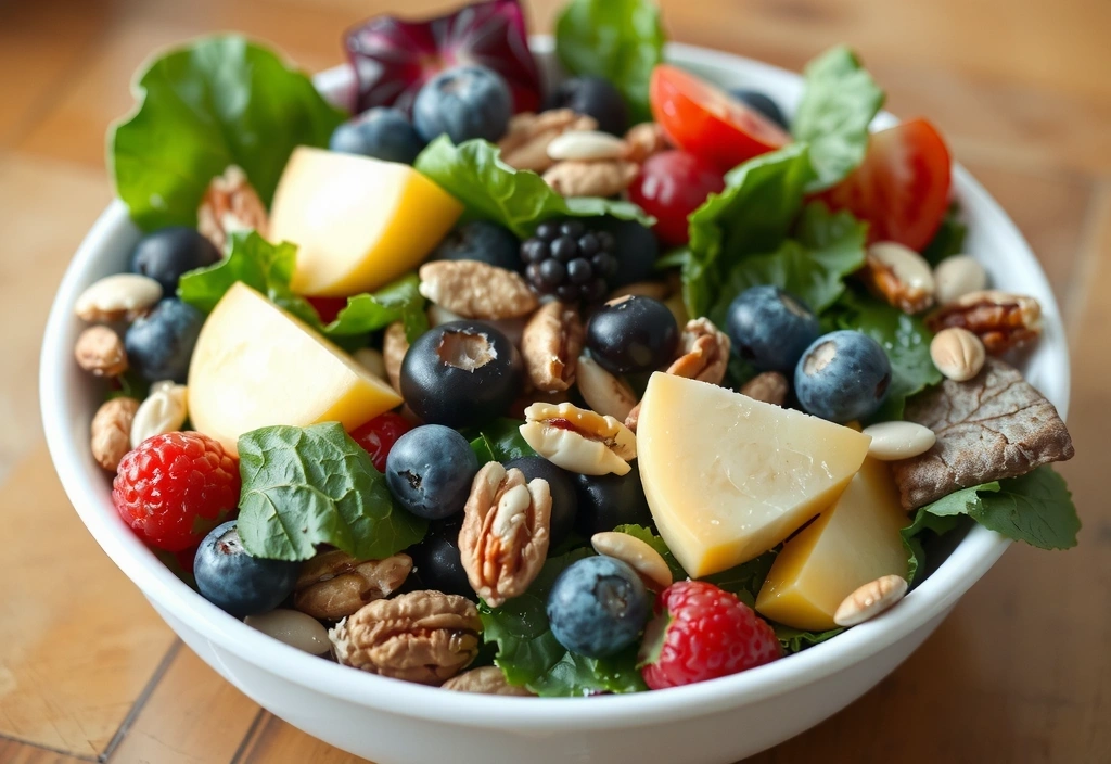 Un grand bol débordant d'une salade fraîche et colorée avec des légumes verts, des baies, des noix et des graines, illustrant une alimentation riche en vitamines.